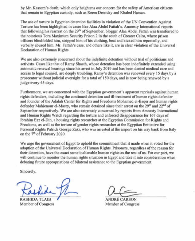RepRashida's tweet photo. The #humanrights of every person MUST be respected by every country. Period. The thousands being jailed in #Egypt should be no exception. Thank you to my eight colleagues who joined me in calling on Egypt to release all political prisoners at once. Read our full letter below: https://t.co/FwNKjzknqQ