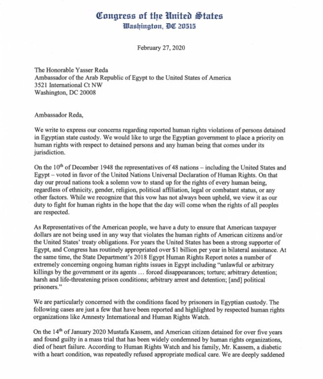 RepRashida's tweet photo. The #humanrights of every person MUST be respected by every country. Period. The thousands being jailed in #Egypt should be no exception. Thank you to my eight colleagues who joined me in calling on Egypt to release all political prisoners at once. Read our full letter below: https://t.co/FwNKjzknqQ