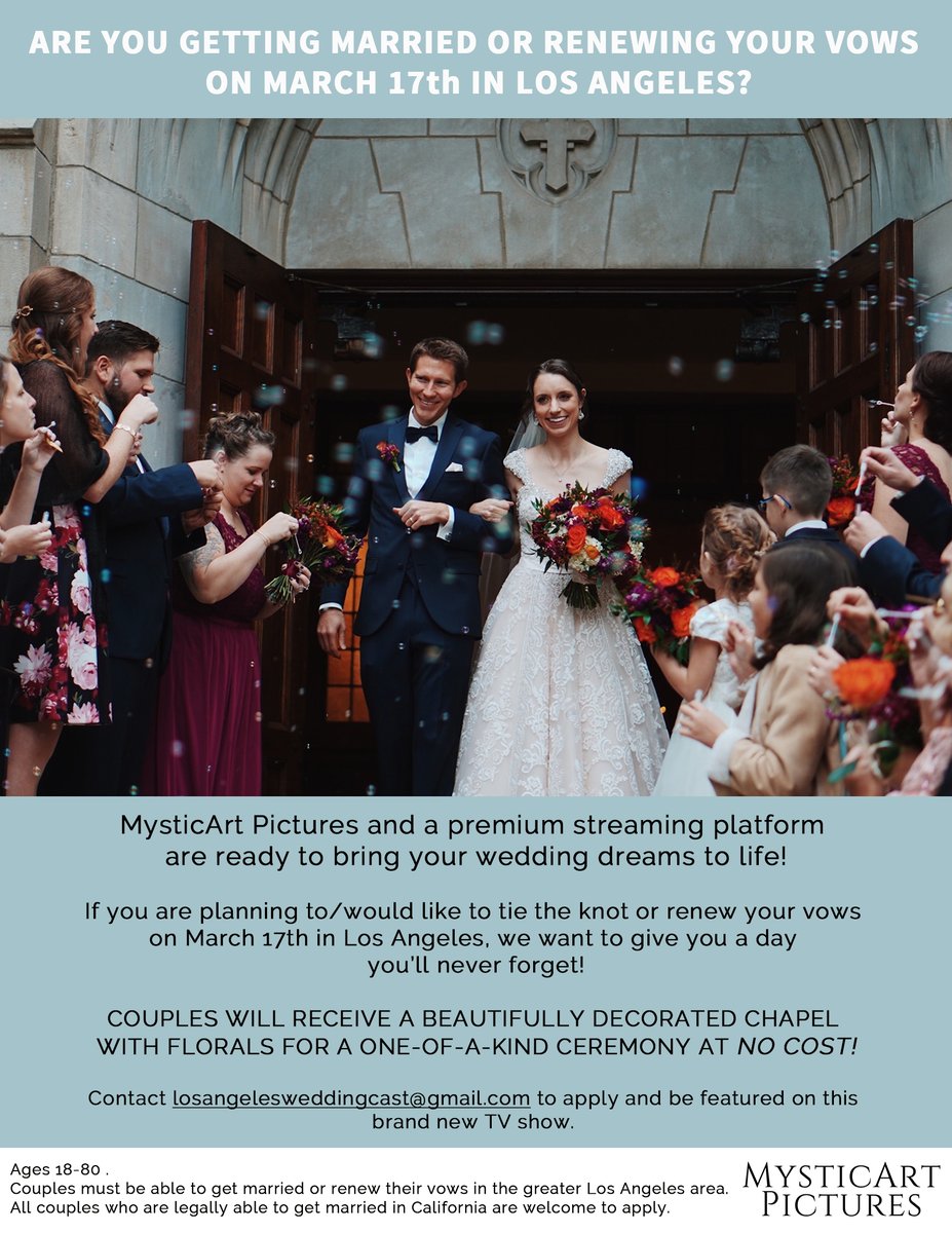 MysticArt Pictures has teamed up with a MASSIVE streaming platform and is looking for couples
that would like to tie the knot or renew vows on March 17th in Los Angeles #weddinghelp #wedding #wedding2020 #marchwedding #weddingvenue #bridetobe #courthousewedding #elope #elopement