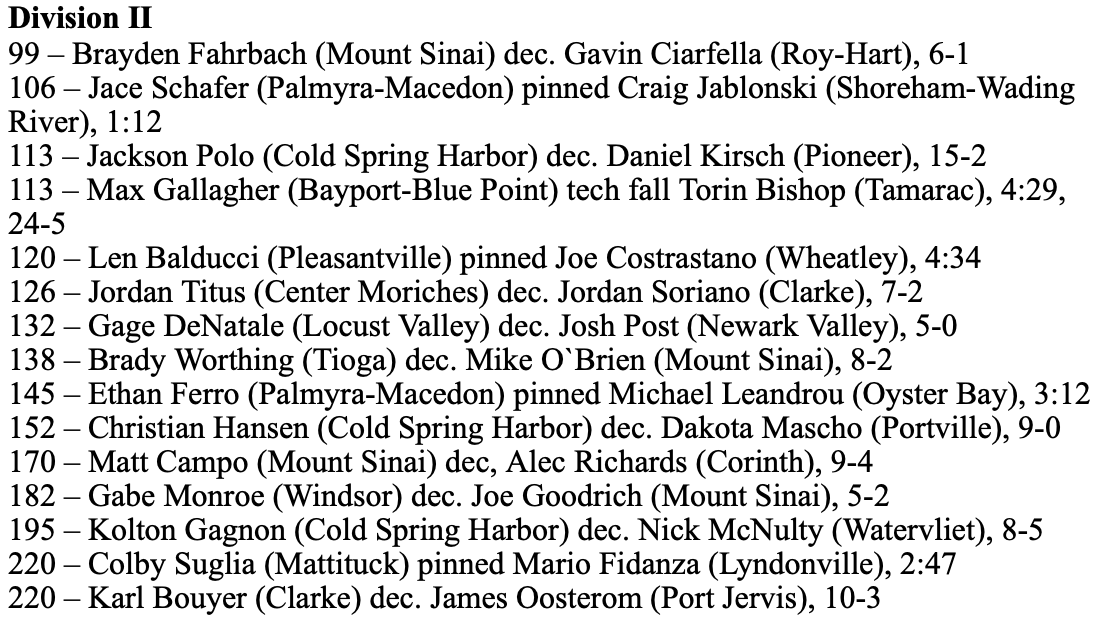 Division II quarterfinal results for Long Island in the state wrestling tournament