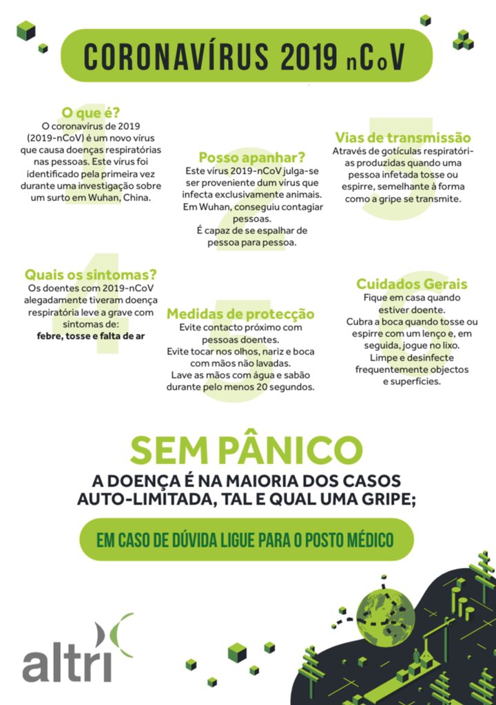 Dando cumprimento à sensibilização que temos levado a cabo, juntamos cartaz de informação sobre os riscos e as medidas preventivas de higiene a adotar pelos trabalhadores, prestadores de serviço e visitantes nas nossas empresas em relação à ameaça do novo Coronavírus 2019.