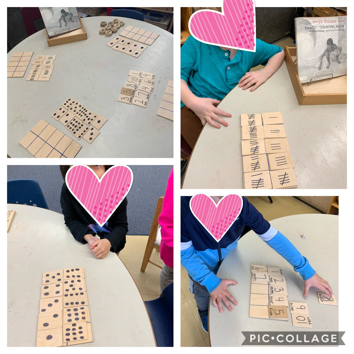 Math using wooden hand made ten frames. We represented number in various ways.