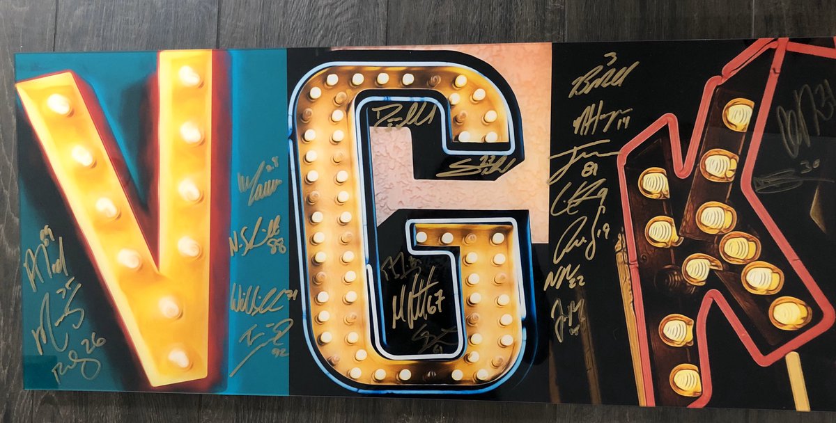 Going up for bids during March 1 game!!  Original VGK art by LV photog, Gina Gardner, featuring letters from signs on The Strip.  

Signed by 2019-20 <a href="/GoldenKnights/">Vegas Golden Knights</a> players.  Measures 37”x16”

All proceeds benefit Jr. VGK. 
Text VGKFAuction to 76278 on Sun to bid.   #VegasBorn