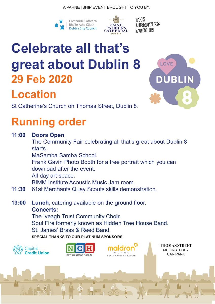 CommunityofStPC's tweet photo. Year 2 #LoveD8 #CommunityD8 #WorkingD8 #LearningD8 #CulturalD8 #HealthyD8 #CleanAndGreenD8 
@nch_info @_capitalcu
@MaldronHotels #news in Saint Catherine's Church, Thomas Street Dublin 8 https://t.co/C2eJh9hshk