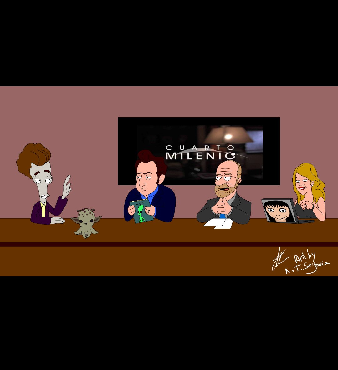dibujatuvida1's tweet photo. Para una noche especial un dibujo especial, hoy @carmenporter_ e @navedelmisterio junto con @EnriquedeVicent entrevistan a un extraño visitante que se hace pasar por @JaviPerezCampos en #MilenioLive!!! https://t.co/afZCf1KKCj