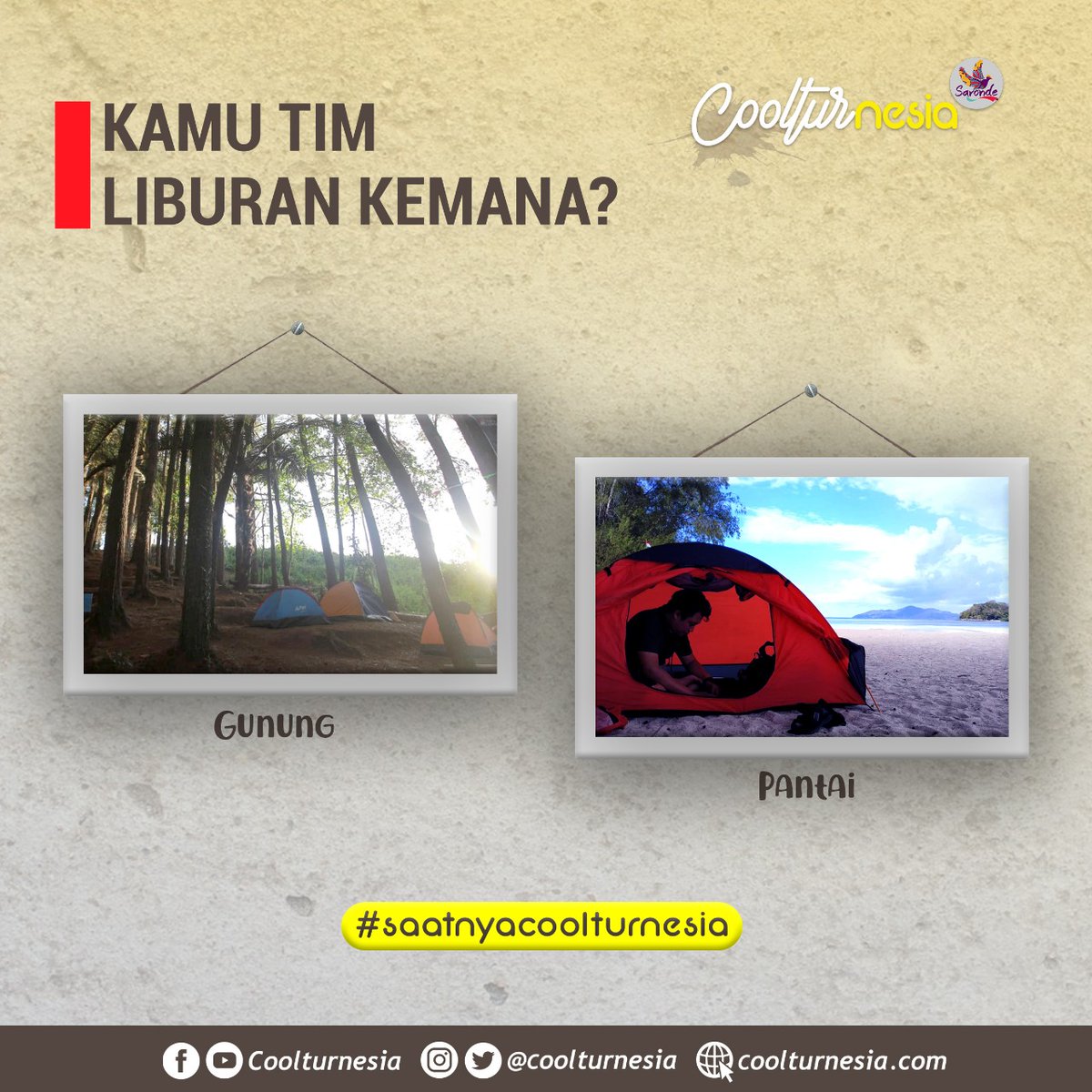 Gunung dan pantai selalu jadi destinasi yang menarik untuk menghabiskan waktu setelah penatnya rutinitas. Jika disuruh memilih, kalian termasuk tim apa?

#SaatnyaCoolturnesia