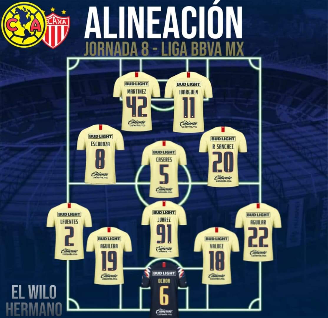 ElWiloHermano12's tweet photo. Lista la alineación del @ClubAmerica para el cotejo ante los rayos de @ClubNecaxa, correspondiente a la fecha 8 de la @LigaBBVAMX.

Vamos 🦅💛💙 ! https://t.co/7bZhYcYNwL