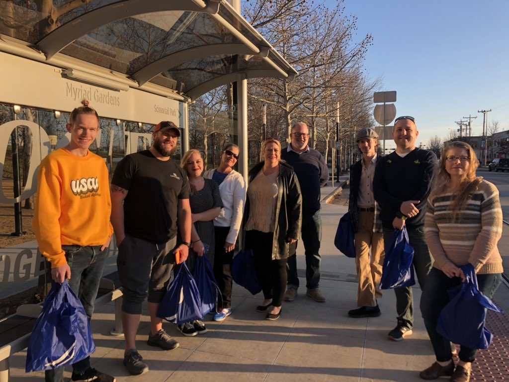 OKCStreetcar's tweet photo. S/O to our neighbors and #LoveTheLoop partners, the @watertaxi team! Their season is kicking off and the team is out and about tonight visiting all kinds of stops in the city. Thanks for riding with us this evening! https://t.co/v9HD6GuamW