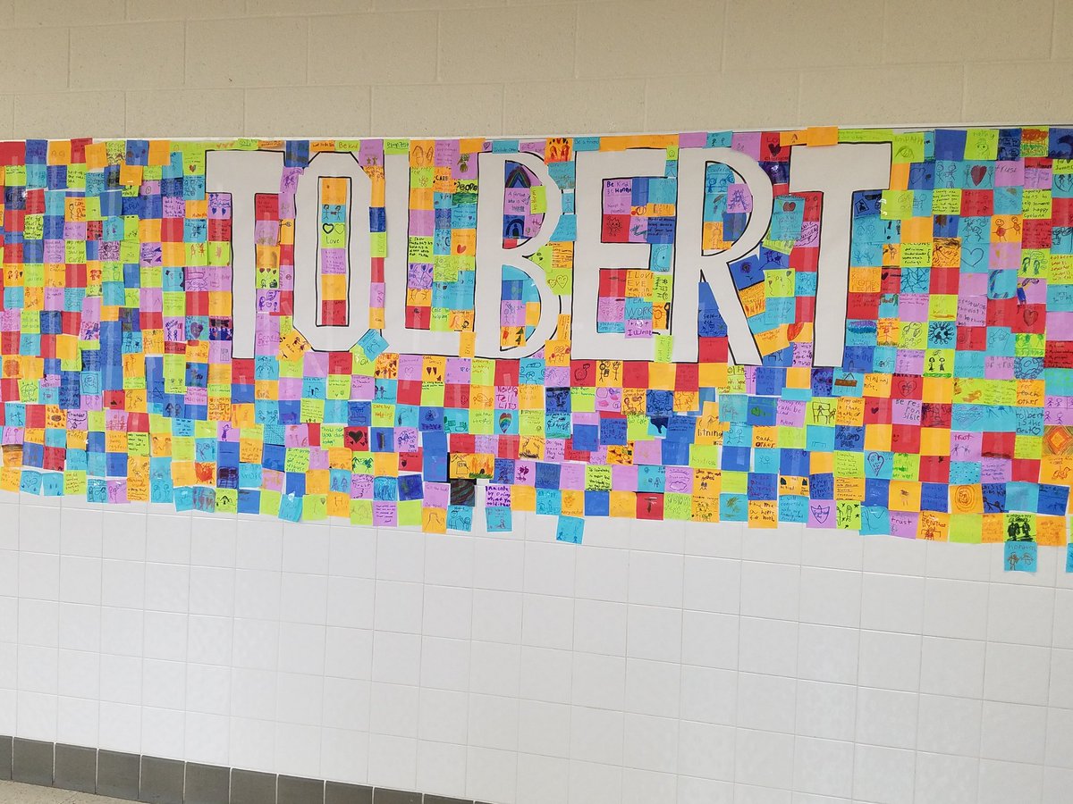 SMarionArtEd's tweet photo. Look what we created during our house meeting today: every student created a post-it note then we turned it into a beautiful mural! @Tolbert_ES #tolbertbettertogether #tolbert20 #iloveourschool https://t.co/HmsdnvAwBJ