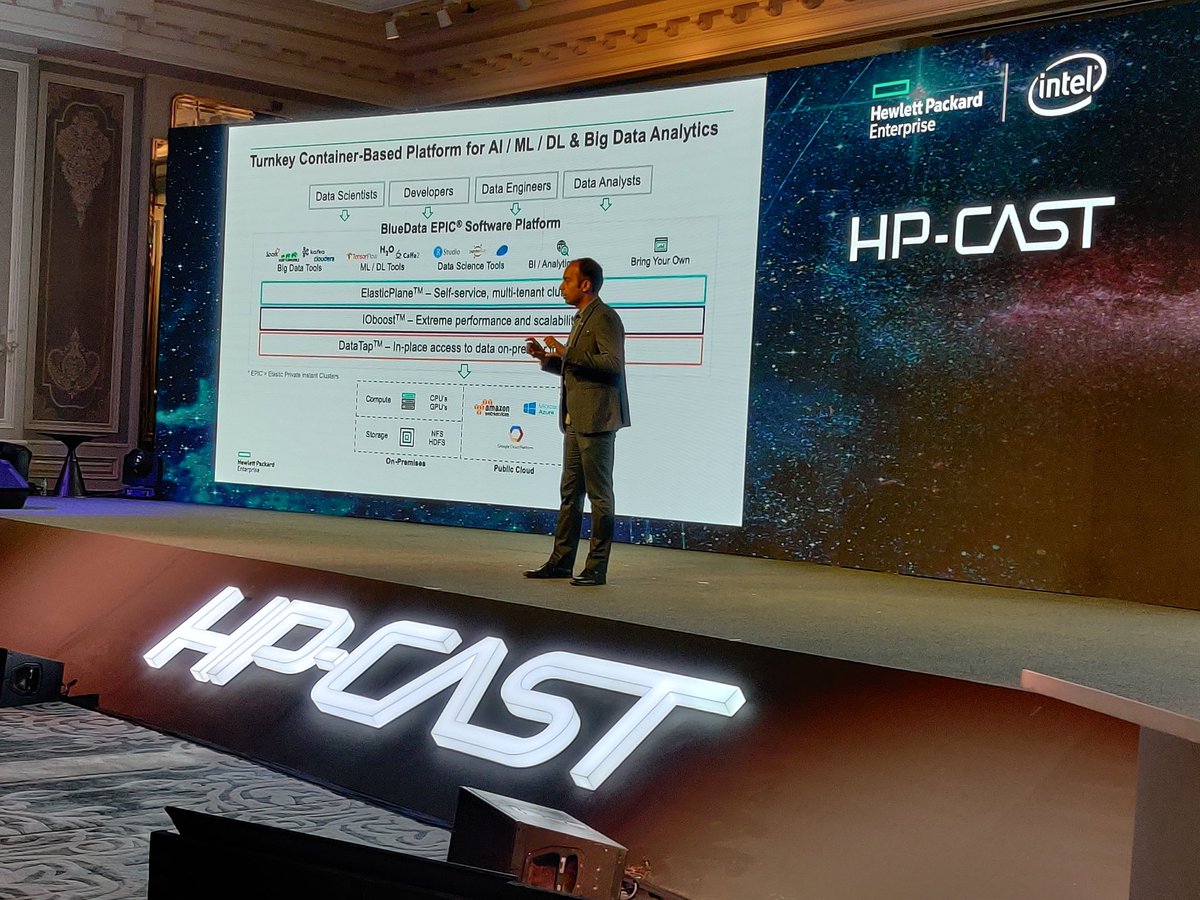HPE_India's tweet image. Prabal Mittal, HPE, states that BlueData EPIC is a container based AI platform. It is deployed in the customer&apos;s data centre or public cloud of choice and helps address several #AI related challenges. #HPCAST