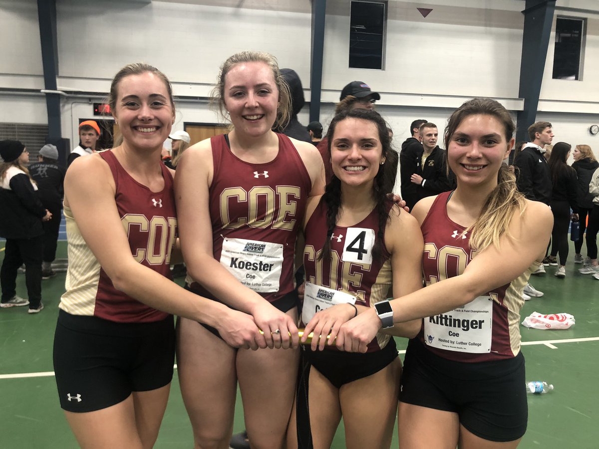 Congrats to our Women’s Distance Medley Relay (Kandice Kittinger - 1200m, Carlyn Cole - 400m, Dana Koester - 800m, Kat Stai - 1600m) for finishing 5th in the A-R-C Championship meet running one of the fastest times in Coe program history (12:46.87)! #KohawkNation #FiveStrong