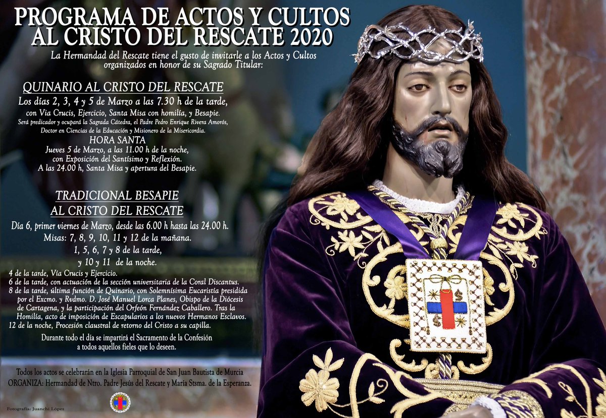Cristo_Rescate's tweet photo. El lunes comienza el Quinario al Cristo del Rescate. Cinco intensos días que culminan en el gran Besapié del primer viernes de marzo. Cinco días que nos guiarán en este camino de cuaresma recién iniciado. @SanJuanMurcia @CSCofradiasMur #Murcia https://t.co/P7NQW9o4RD