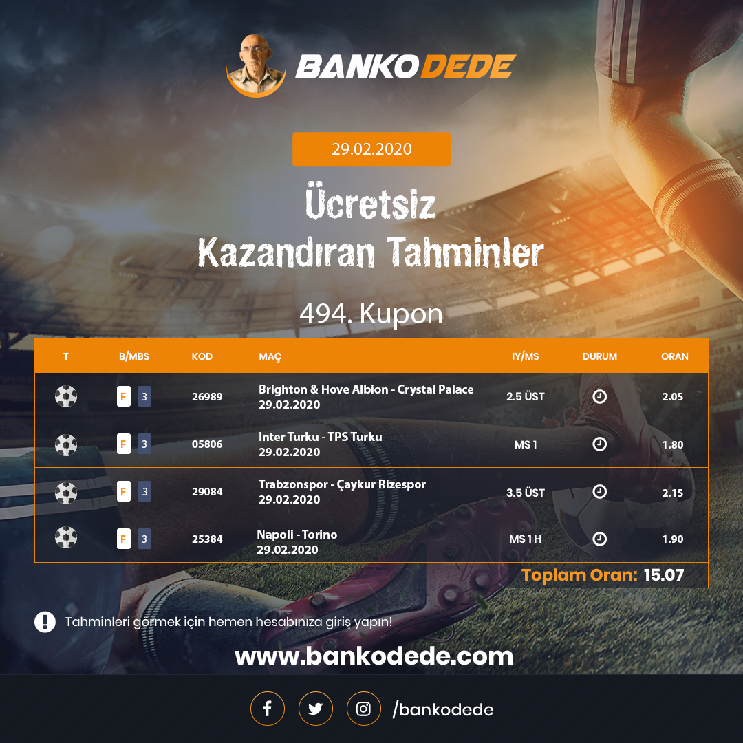 Cumartesi geldi çattı, #Bankodede günün bomba kuponunu yayınladı.
bankodede.com 
#iddaatahmin #bankokupon #bahis #bankotahmin #iddaatahminleri #iddaa #İddaaKuponu