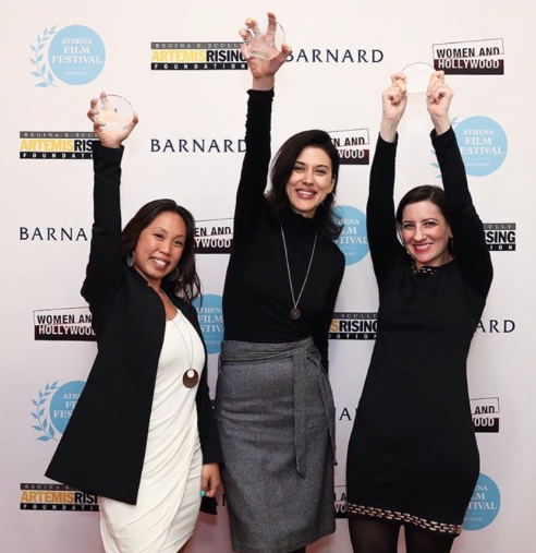 FilmFatalesOrg's tweet photo. #FilmFatales members Tricia Lee (left) and Cherien Dabis (center) accepting #AthenaList awards for their screenplays at the Athena Film Festival in New York. We look forward to seeing these films on the big screen! @Athenafilmfest @tricialeedirector @CherienDabis https://t.co/pt7ESC2E8g