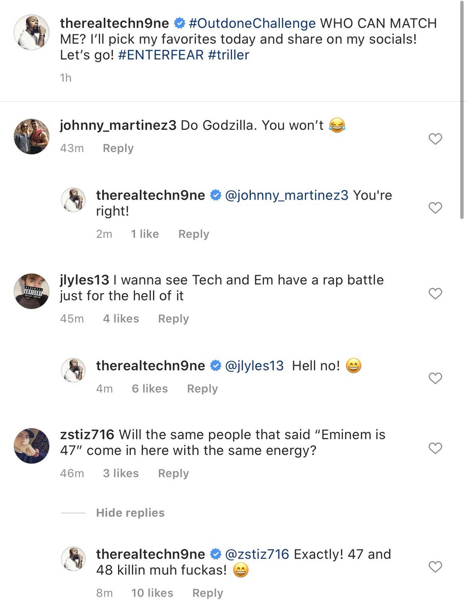 BecauseHipHop_'s tweet photo. Tech N9ne showing Eminem love in his IG Comments. 🚨🔥🎧
#Eminem #TechN9ne #GodzillaChallenge #OutdoneChallenge #HipHop #Rap #Music #FastRap #SpeedRap @Eminem @TechN9ne @rosenberg @ShadyRecords @StrangeMusicInc https://t.co/wDkjtvJURx