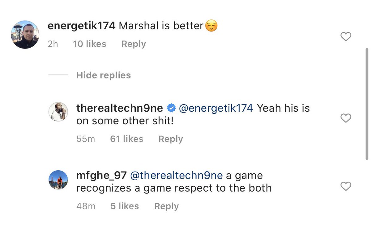 BecauseHipHop_'s tweet photo. Tech N9ne showing Eminem love in his IG Comments. 🚨🔥🎧
#Eminem #TechN9ne #GodzillaChallenge #OutdoneChallenge #HipHop #Rap #Music #FastRap #SpeedRap @Eminem @TechN9ne @rosenberg @ShadyRecords @StrangeMusicInc https://t.co/wDkjtvJURx