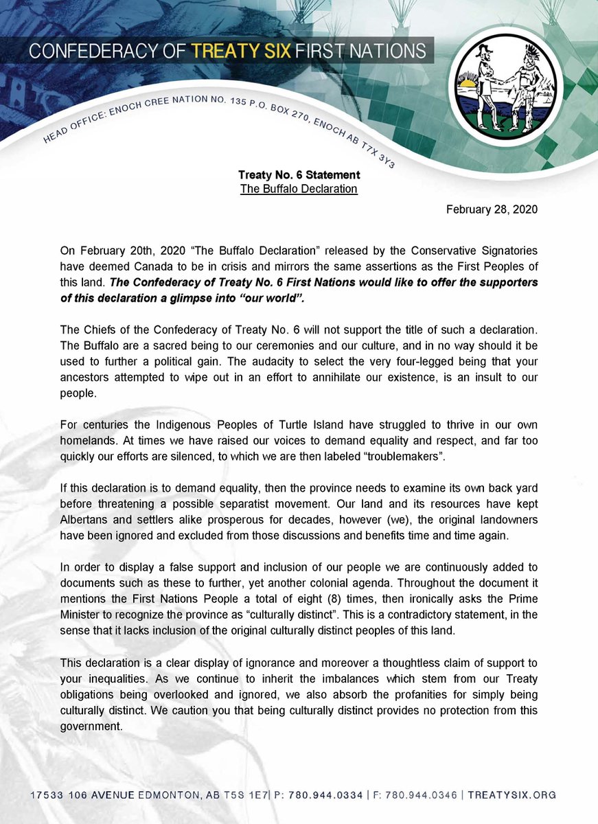 CT6FN_'s tweet image. Statement from the Chiefs of Treaty No. 6 in regard to the recently released &quot;Buffalo Declaration&quot; by the Conservative signatories. #treaty6 #chiefs #statement #cdnpoli #buffalodeclaration