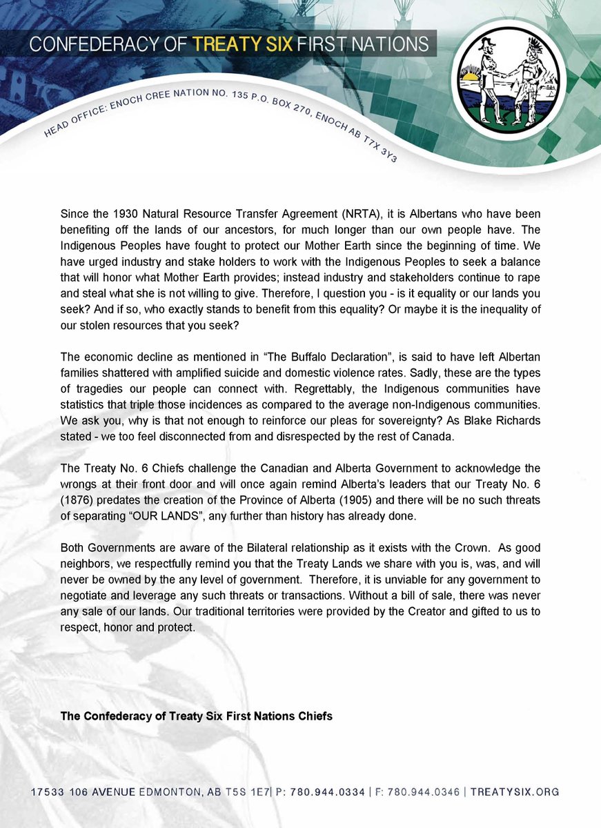 CT6FN_'s tweet image. Statement from the Chiefs of Treaty No. 6 in regard to the recently released &quot;Buffalo Declaration&quot; by the Conservative signatories. #treaty6 #chiefs #statement #cdnpoli #buffalodeclaration