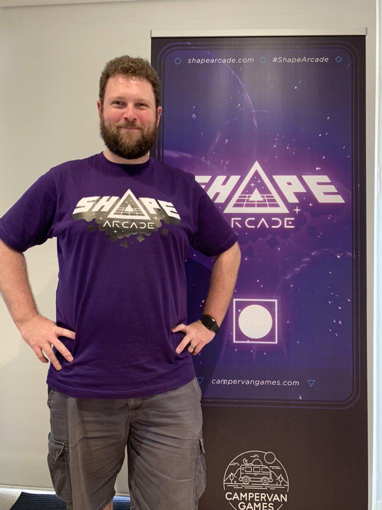 mattdeline's tweet photo. This was the banner and shirt I had gotten to bring with me to GDC - still really proud of what we’ve made. If you’d like to get in touch to talk about #ShapeArcade or @CampervanGames outside of #GDC - I’m happy to talk over Skype 🙂 https://t.co/49YVqCGpUV