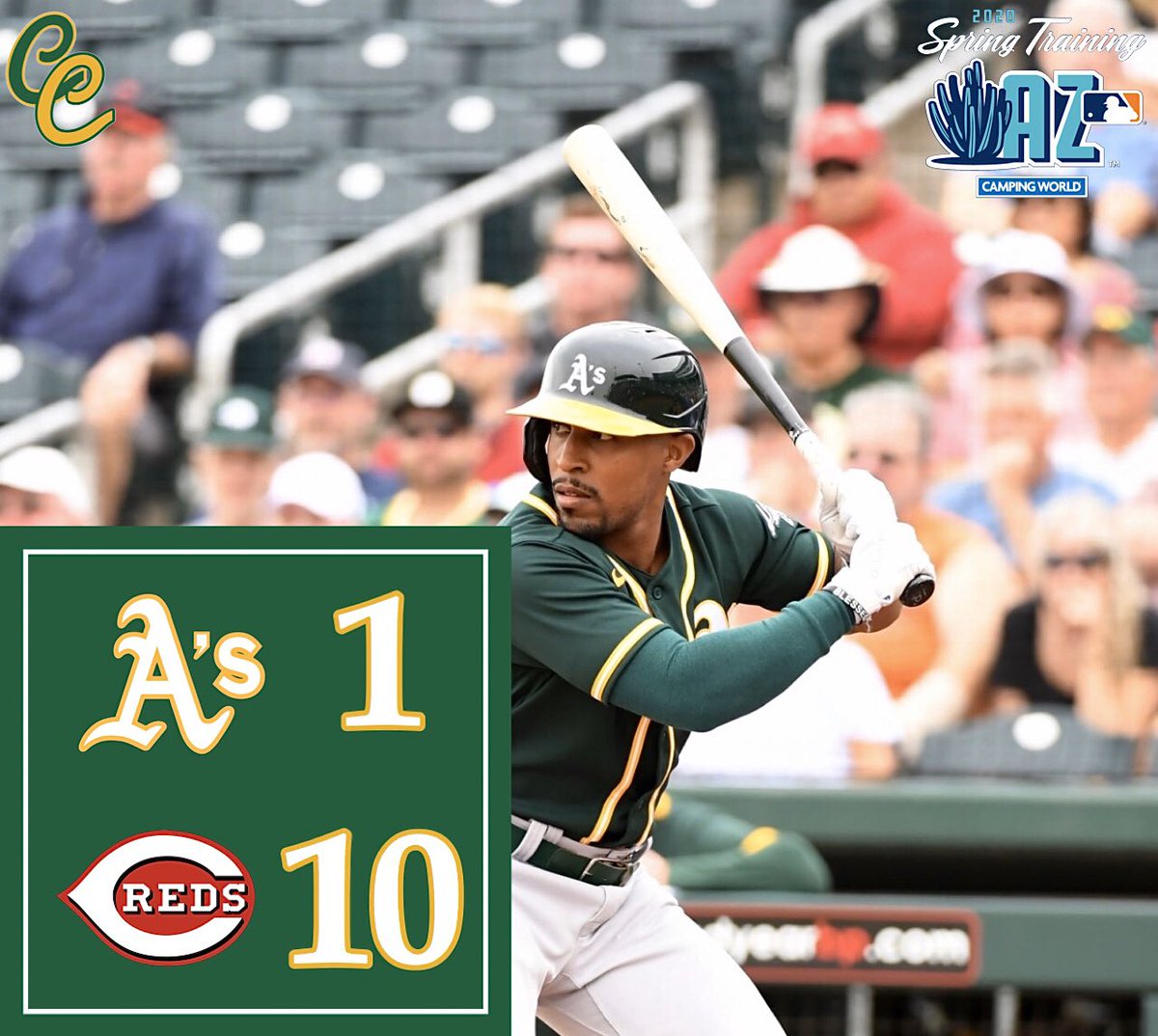 ColiChronicles's tweet image. The A’s suffered a 10-1 beating to the Reds today, with Mike Fiers yielding five runs over two frames, and James Kaprelian allowing three runs across two innings. Half the squad heads to Vegas tomorrow for Big League Weekend while the other plays in Mesa, both vs. the Indians.