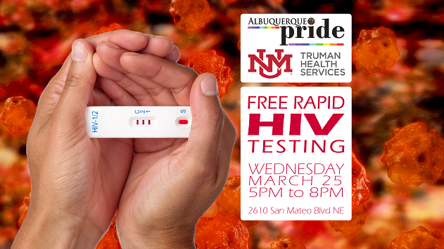 ABQ_Pride's tweet photo. MAR 25 -- Free Rapid HIV Testing at 2610 San Mateo Blvd NE from 5pm to 8pm. #RapidHIVTesting #knowyourstatus #uequalsu https://t.co/LD8tct4Rbw