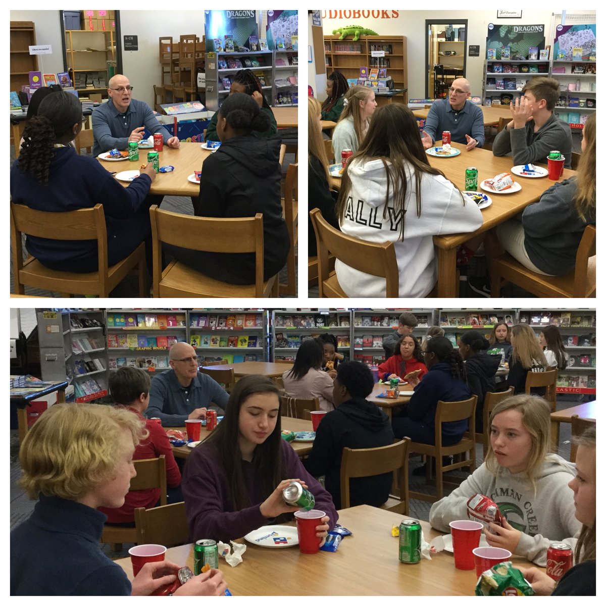 Gordon Korman worked the room during an 8th grade pizza party so he could speak directly with students. Hopefully these avid readers & aspiring writers found some inspiration from the experience! @DutchmanCreekMS @RHSD_LMS @gordonkorman #IGotSchooledAtTheCreek #CanYouSeeIt