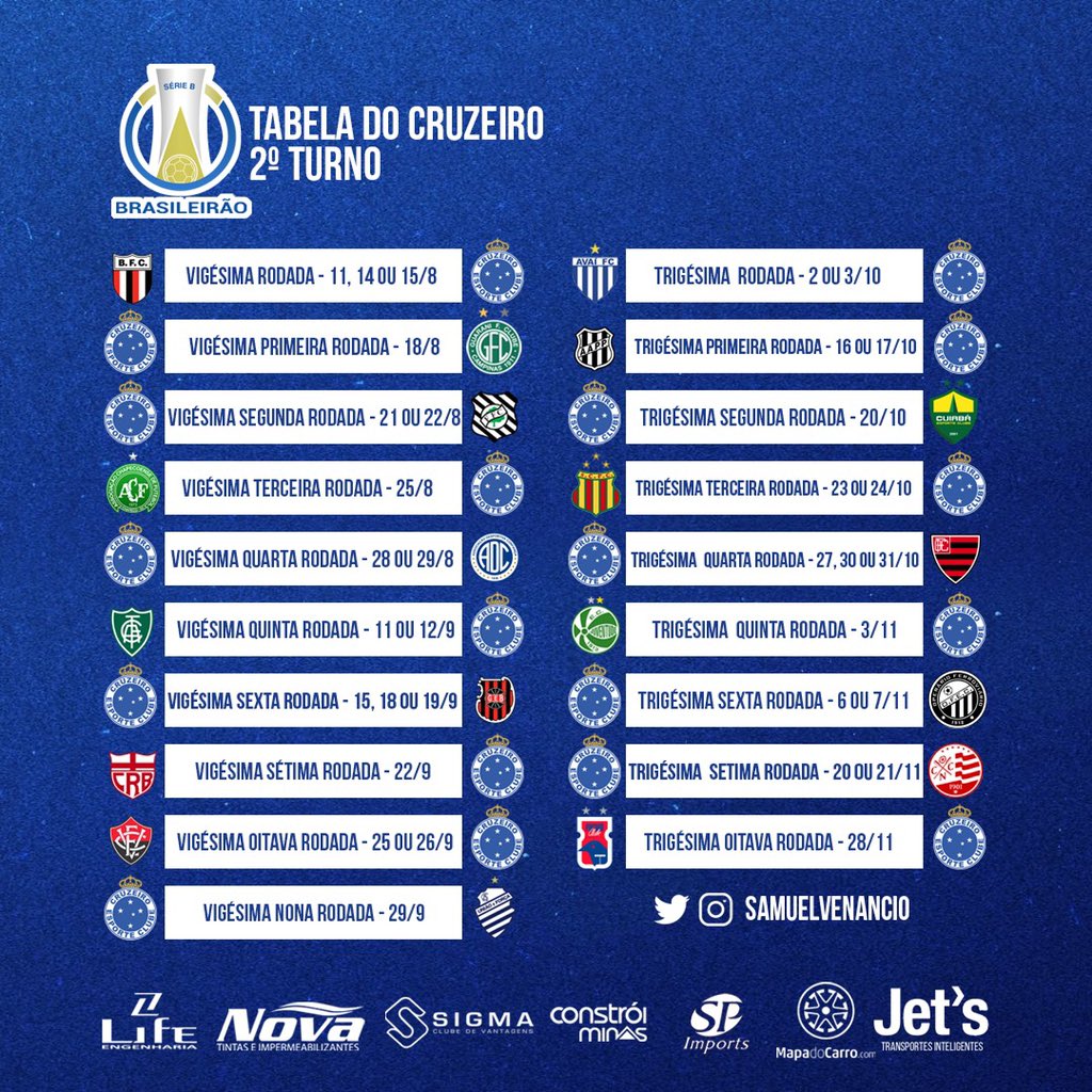 sᴀᴍᴜᴇʟ ᴠᴇɴᴀ̂ɴᴄɪo ™ on X: Jogos do Cruzeiro na Série B do Campeonato  Brasileiro. Começa em maio e termina em novembro a luta para retornar à  elite do futebol brasileiro!  /