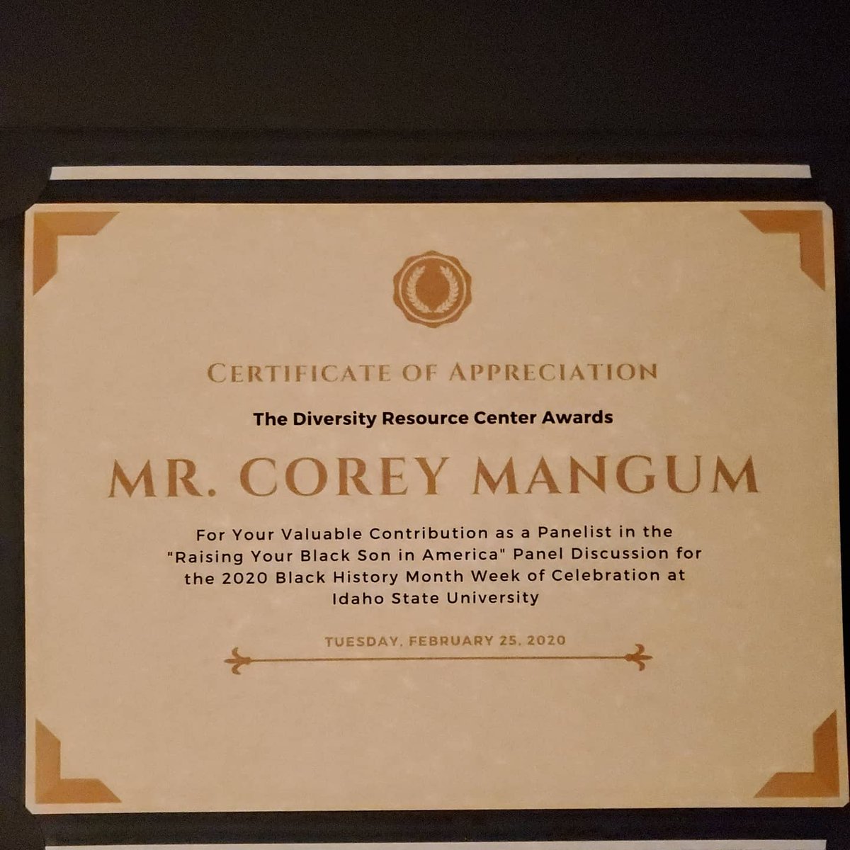CMangum's tweet photo. Thank you to Alma Jam &amp;
Idaho State University's Diversity Resource Center. Such a privilege and an honor to be a panelist along side such an awesome group, discussing the topic of "Raising Your Black Son in America". #BlackHistoryMonth #blackisbeautiful https://t.co/9FiV870tMT