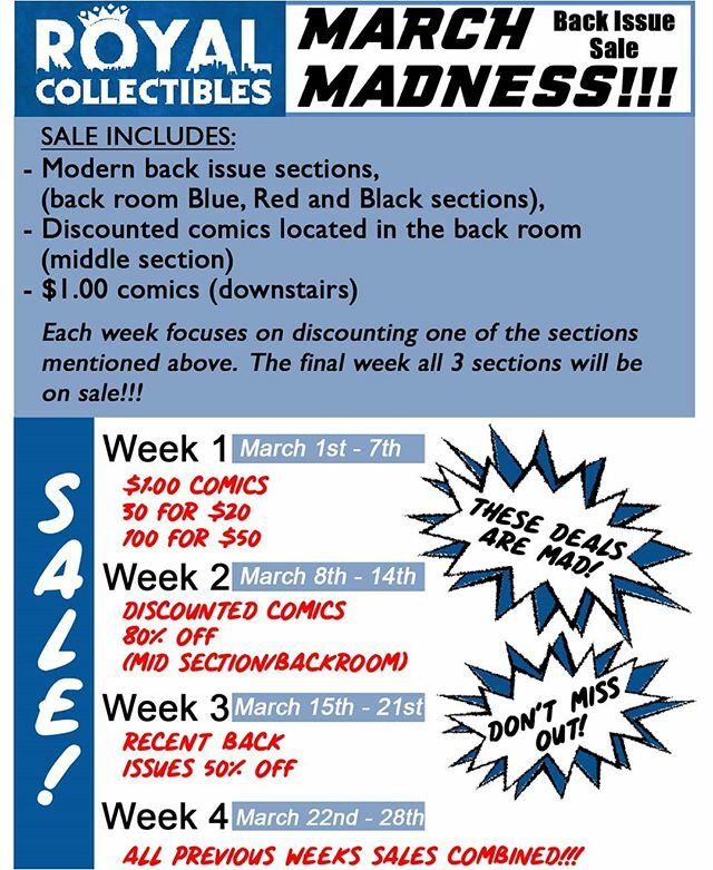 RoyalComicsNYC's tweet photo. Our March Madness back issue sale is back!!! 🤯
.
.
#backissuesale #comicsale #moderncomics #backissues #onsale #marchmadness #marvelcomics #dccomics #darkhorsecomics #imagecomics #idwcomics #vaultcomics #boomcomics #scoutcomics #royalbackissuesale #royalcollectibles #lcs #lo… https://t.co/VzHBMECxau