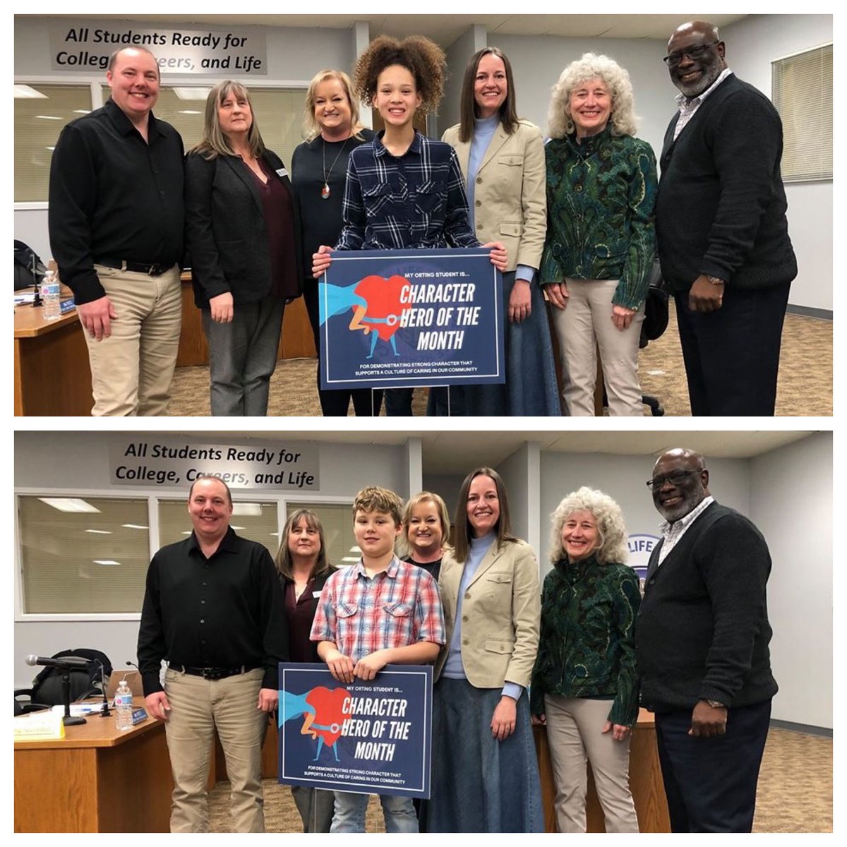 MarciShepard's tweet photo. Our School Board/Superintendent Team are proud to recognize our January student Character Heroes! #OrtingCares https://t.co/CAwUBiHRDn