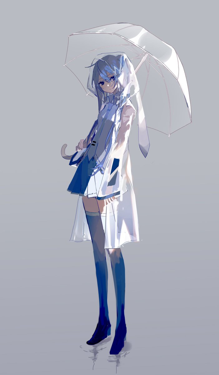 hatsune miku 1girl solo skirt umbrella thighhighs grey background long hair  illustration images