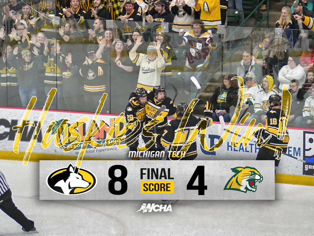 mtuhky's tweet photo. 𝗛𝗨𝗦𝗞𝗜𝗘𝗦 𝗪𝗜𝗡! Tech wins its 19th game of the season after pouring in 8 goals against rival NMU. Trenton Bliss had a hat trick. #mtuhky #FollowTheHuskies https://t.co/PfOWlCMmtx
