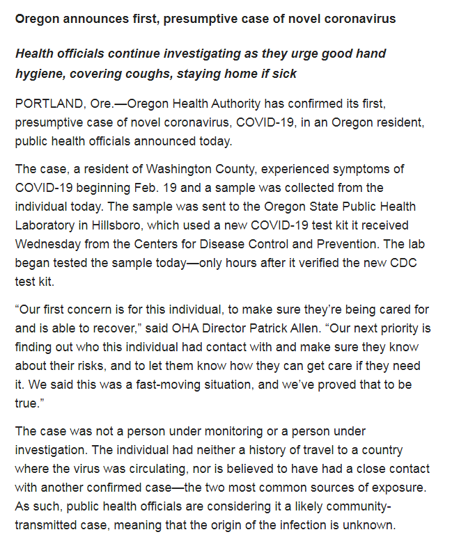 BNOFeed's tweet photo. Oregon Health Authority press release on the state's 1st case of coronavirus. Appears to be locally acquired. The school the patient works at will be closed. https://t.co/1SoAx4hTBX