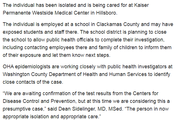 BNOFeed's tweet photo. Oregon Health Authority press release on the state's 1st case of coronavirus. Appears to be locally acquired. The school the patient works at will be closed. https://t.co/1SoAx4hTBX