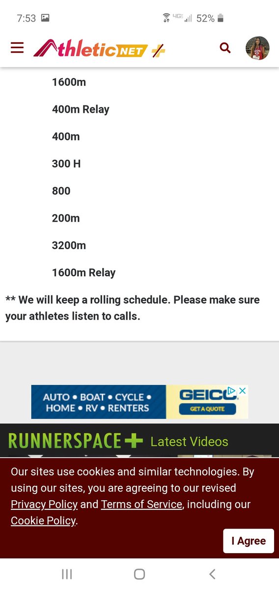 Schedule of events and runs on a rolling schedule for Saturday's track meet.