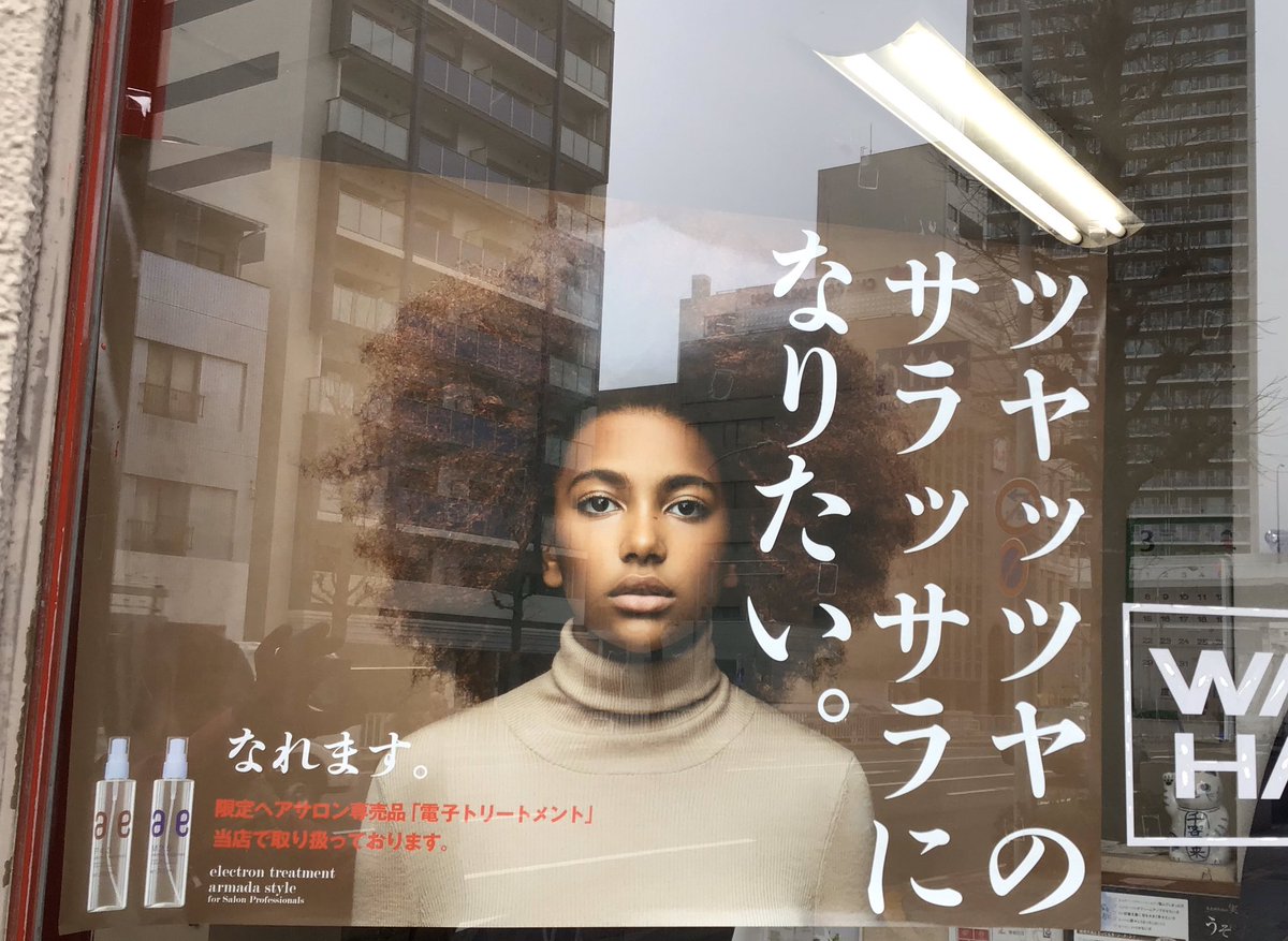アフロヘアーの女性の写真に ツヤッツヤのサラッサラになりたい と書かれた電子トリートメントの広告が問題視される Togetter