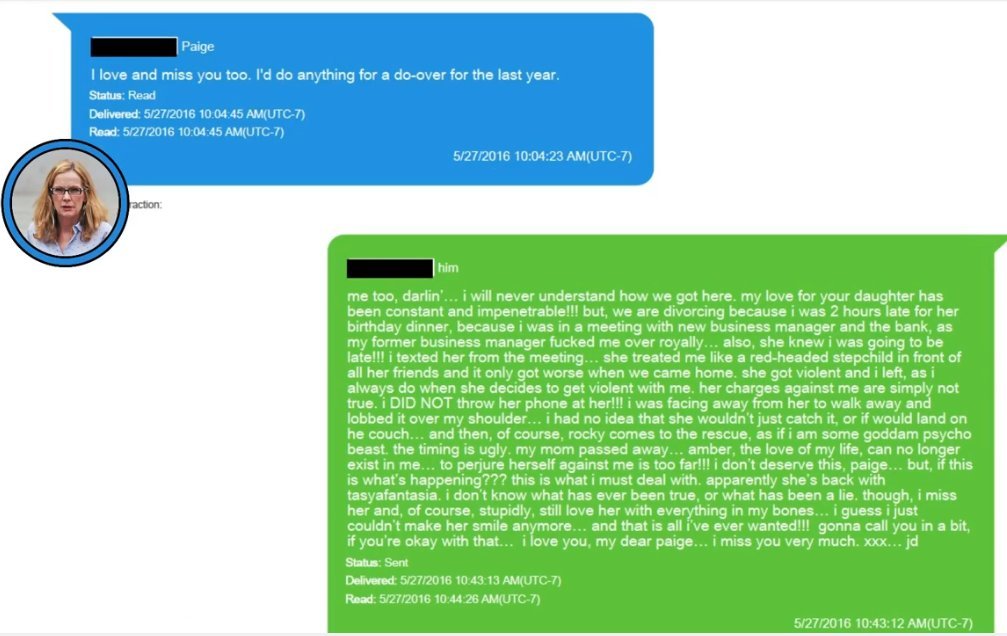Johnny Depp's text messages with her parents on the day she went to get a DVRO. Corroborated by Amber telling people that the lawyers are doing all of this and her own voice in the audio.