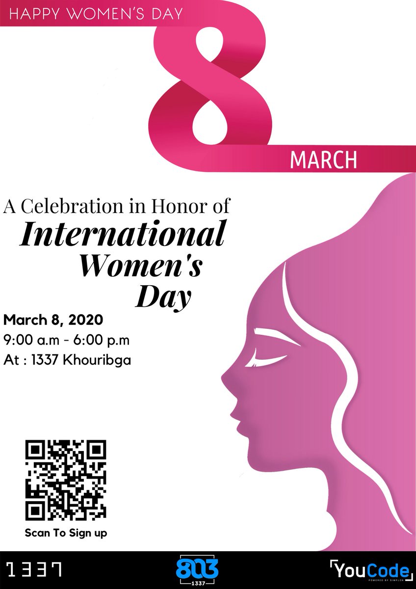 BDE1337's tweet photo. We will be Celebrating The International Women's Day at 1337 This month.
If You are a @YouCode18 or @1337FIL Girl Student. 
Scan the QR Code And Sign up now To join us in Khouribga Campus!!
There are a lot of things waiting for you.
Stay Tuned !!! https://t.co/PQ67wmzwsx