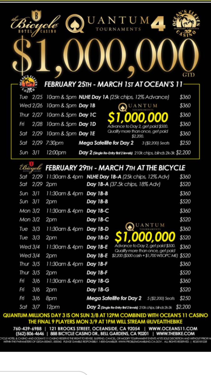 MoQuantumTd's tweet photo. Don’t forget a bout #QuantumReload $1,000,000 guaranteed $2,200 buy-in this Sunday @oceans11_casino #tournament #poker https://t.co/dErpdCfbUJ
