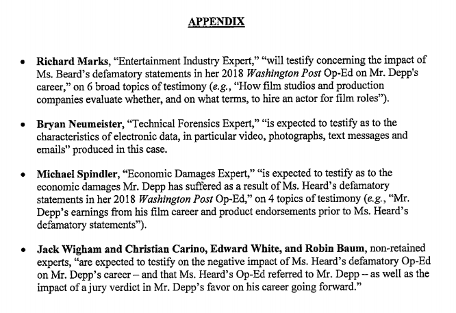 One final thing. Amber Heard wanted to strike Johnny Depp's expert witnesses of the list. Among these is a forensic expert.