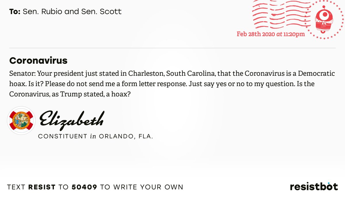 📬 I just delivered “Coronavirus” from Elizabeth, a constituent in Orlando, Fla., to @marcorubio and @SenRickScott #FL07 #sayfie #flapol
📝 Write your own: https://twitter.com/messages/compose?recipient_id=835740314006511618&text=resist …