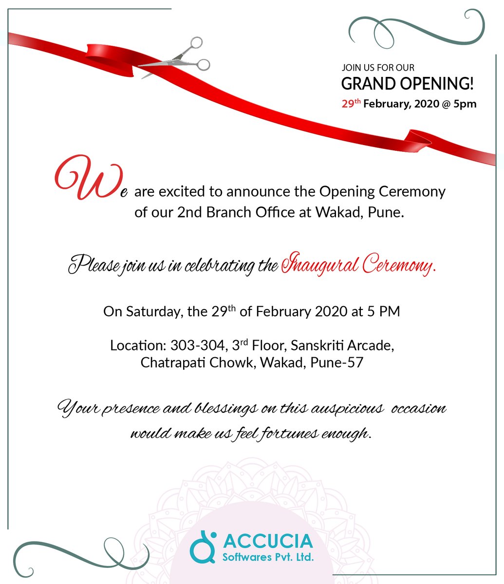 SMSPAD1's tweet photo. #secondbranch✌
Team #AccuciaSoftwares Requesting the pleasure of your company for the #OpeningCeremony of our 2nd Branch in Wakad, Pune🙏🏻
#offshoredevelopment #appdevelopment https://t.co/9dX3koiJvh