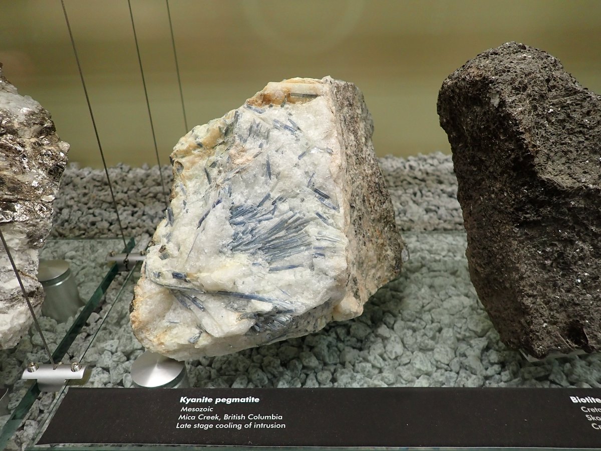 Uzivatel てるてる Na Twitteru アルバータ大学の博物館にあったやつです Kyanite Pegmatite というラベルだが そんなものあるのだろうか いわゆる 片麻岩質ペグマタイト みたいなもので マグマ起源ではなく変成作用で巨晶化したのか それとも元々は火成起源