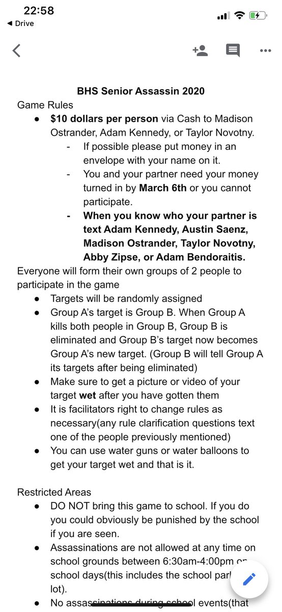 2020Batavia's tweet photo. These are the rules of BHS’s 2020 senior assassin. If you have any questions please let one of us know before the start of the game:) https://t.co/s4SefZhqeQ