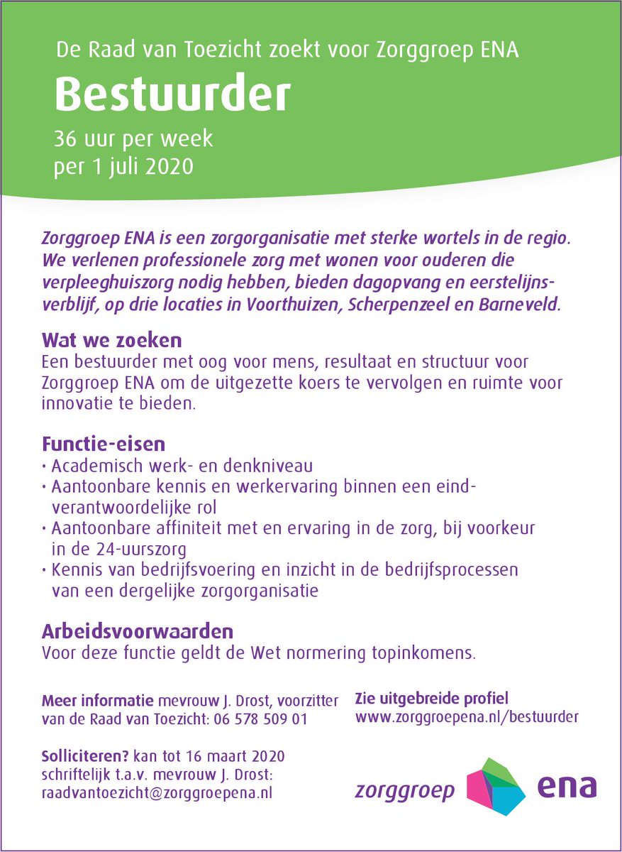 Zorggroep ENA zoekt een nieuwe bestuurder! #delen graag!