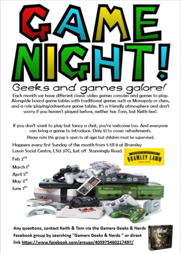 This Sunday at Bramley Lawn, come to Tom &amp; Keith’s Game Night. The first one was really popular. Board games,  card games, video games. Everyone’s welcome. £1 refereshments.