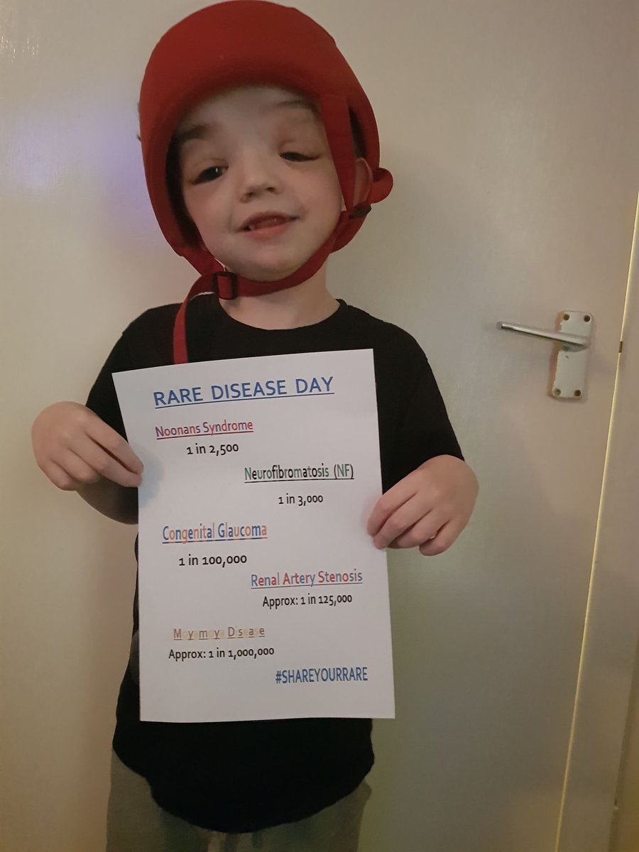 Today is #RareDiseaseDay 
#Neurofibromatosis Type 1 (NF1) is rare!  This is Kicky!
Kicky is 7 years old and as well as having NF1 Kicky also has many more rare conditions too as you can see from his poster.  Kicky is also registered blind due to Glaucoma. 
#ShowYourRare #EndNF