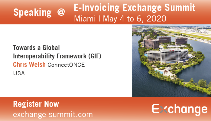 ExchangeSummit's tweet photo. Chris Welsh, board member of #ConnectONCE, going towards a global #Interoperability framework at the #EInvoicing @ExchangeSummit Miami from May 4 - 6, 2020.
Agenda: https://t.co/lHPllPHfhG
#EXCS20 https://t.co/zIISY7EHQp