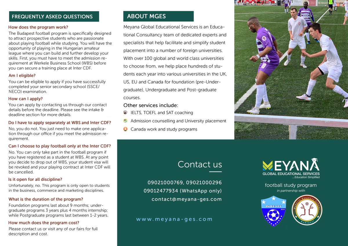 meyanaedu's tweet image. Want to play football and at the same time, study abroad?

MGES in partnership with institutions in Budapest (Hungary) currently provides a service to cater for this.

Tag a friend that needs this info.

#MGESEduFair #studyabroad #footballprogram #IELTS #nigerianstudent