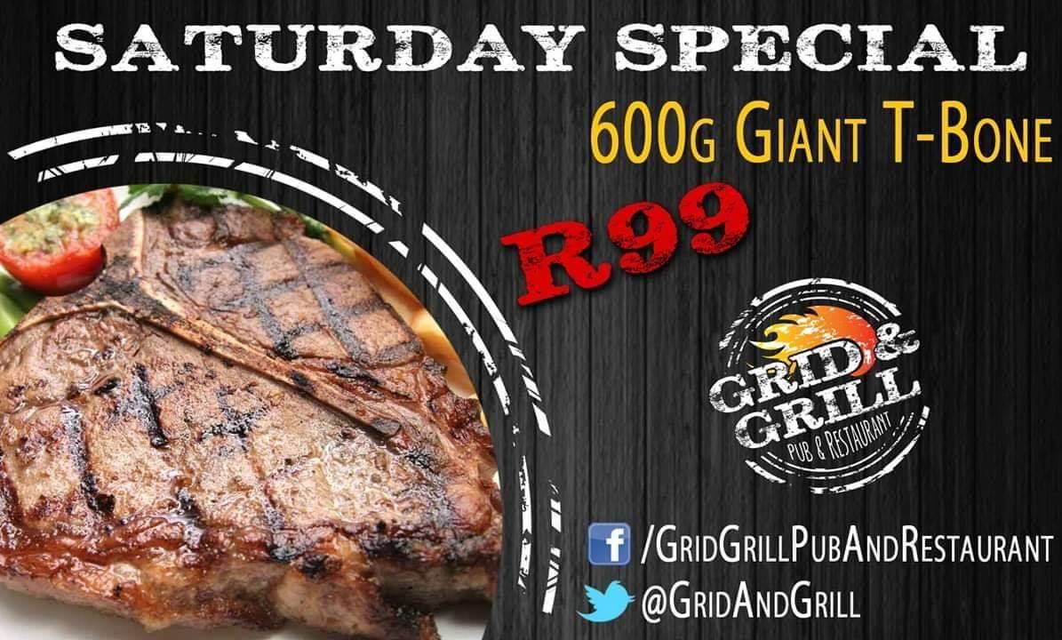 Happy Saturday everyone! Come watch the Super Rugby ganes with us today - Stormers vs Blues at 3pm, Bulls vs Jaguares at 5pm - and get stuck into our SPECIALS :

- Giant 600g T-bone meal with sides R99-00
- DBL brandy special R60
- DBL RnR R60
- 2 x 375ml Mojo Jam Jars R60
